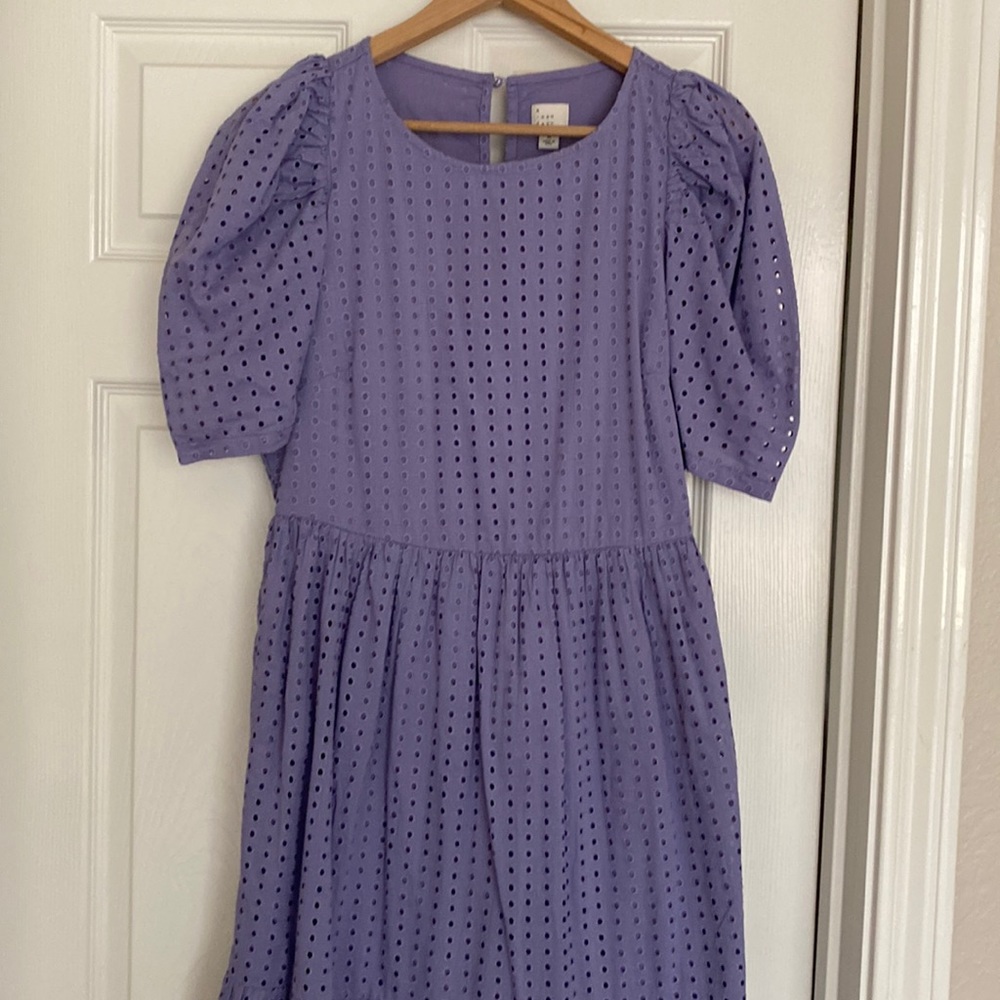 Eyelet tea length summer dress. Color Lavender.